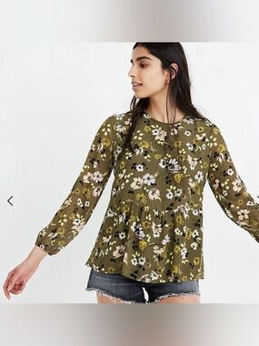 Madewell Olive Green Floral Peplum Blouse